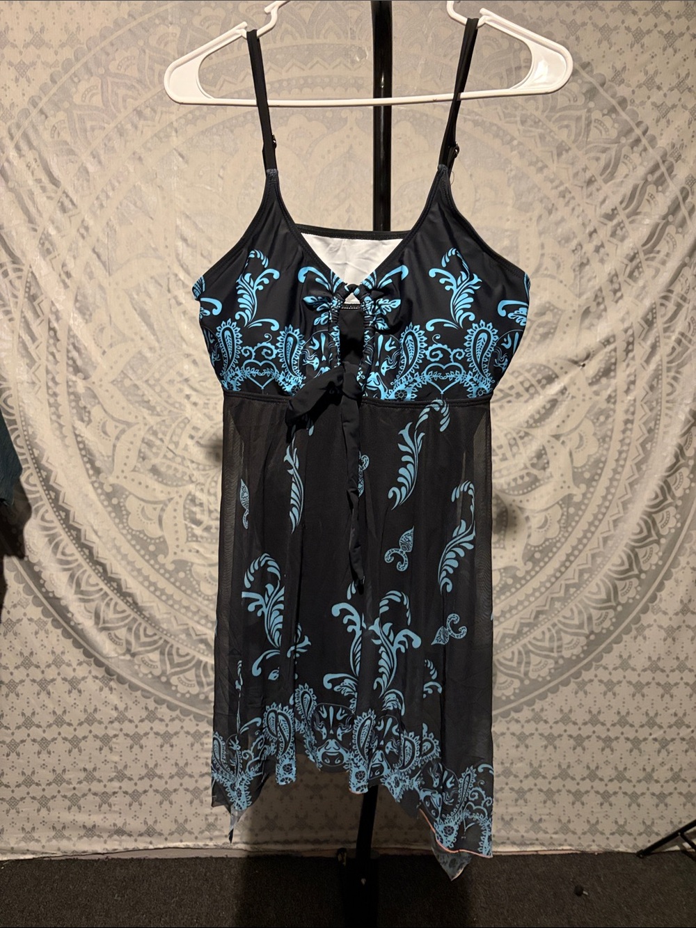 Source Unknown Black One-Piece Swimdress with Turquoise Print